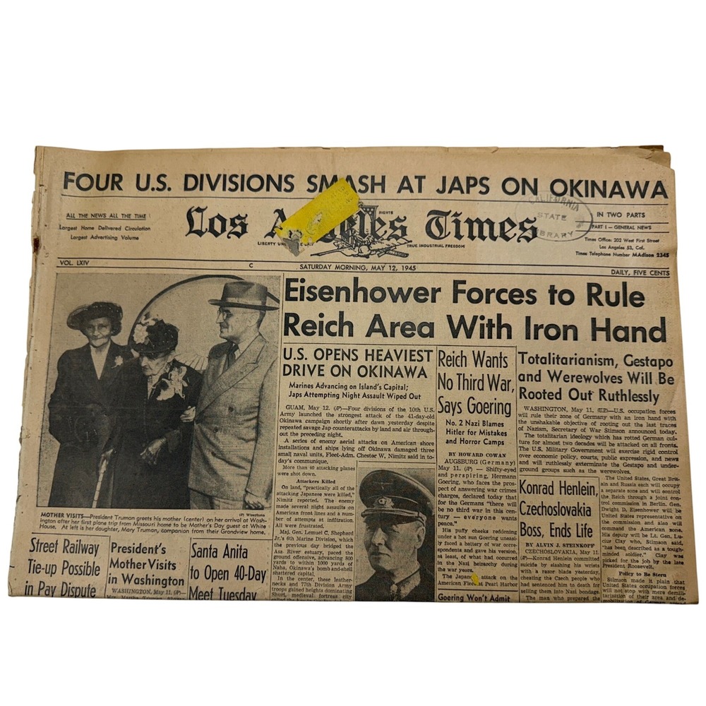 Vintage May 12 1945 Los Angeles Times Newspaper WWII Eisenhower Okinawa History